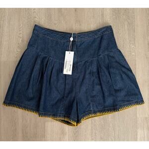 Sage New Women's Dark Blue Magnolia Blanket Stitch Denim Flounce Short Size S